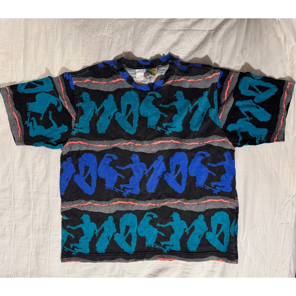 Vintage LA Gear 90s Skateboard All Over Print T-Shirt Black Blue Teal Large - Picture 2 of 6